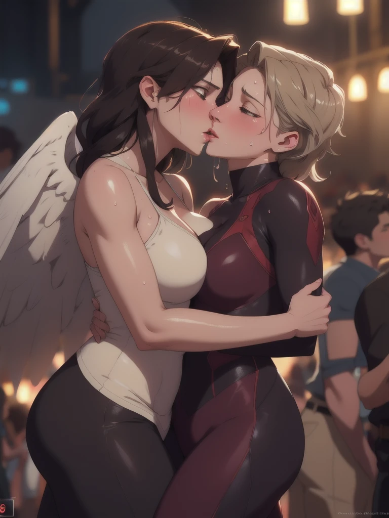 a beautiful angel and a devil in a passionate embrace, ultra detailed, 8k, masterpiece, photo realistic, highly detailed, cinematic lighting, dramatic colors, soft skin, sensual, intimate, romantic, kissing, in front of a large crowd, sweat glistening on their bodies, warmth and passion radiating from the scene
