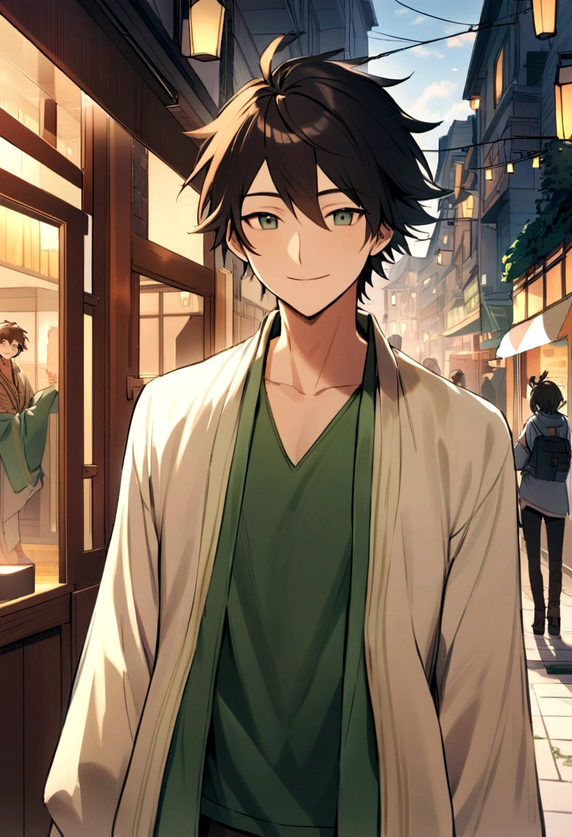 Show the protagonist in his human form, an ordinary young man living in a bustling city, with a gentle smile and a carefree attitude.