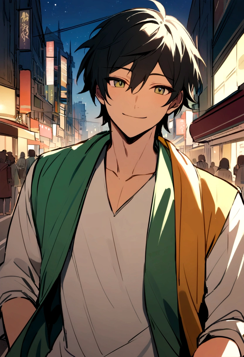 Show the protagonist in his human form, an ordinary young man living in a bustling city, with a gentle smile and a carefree attitude.