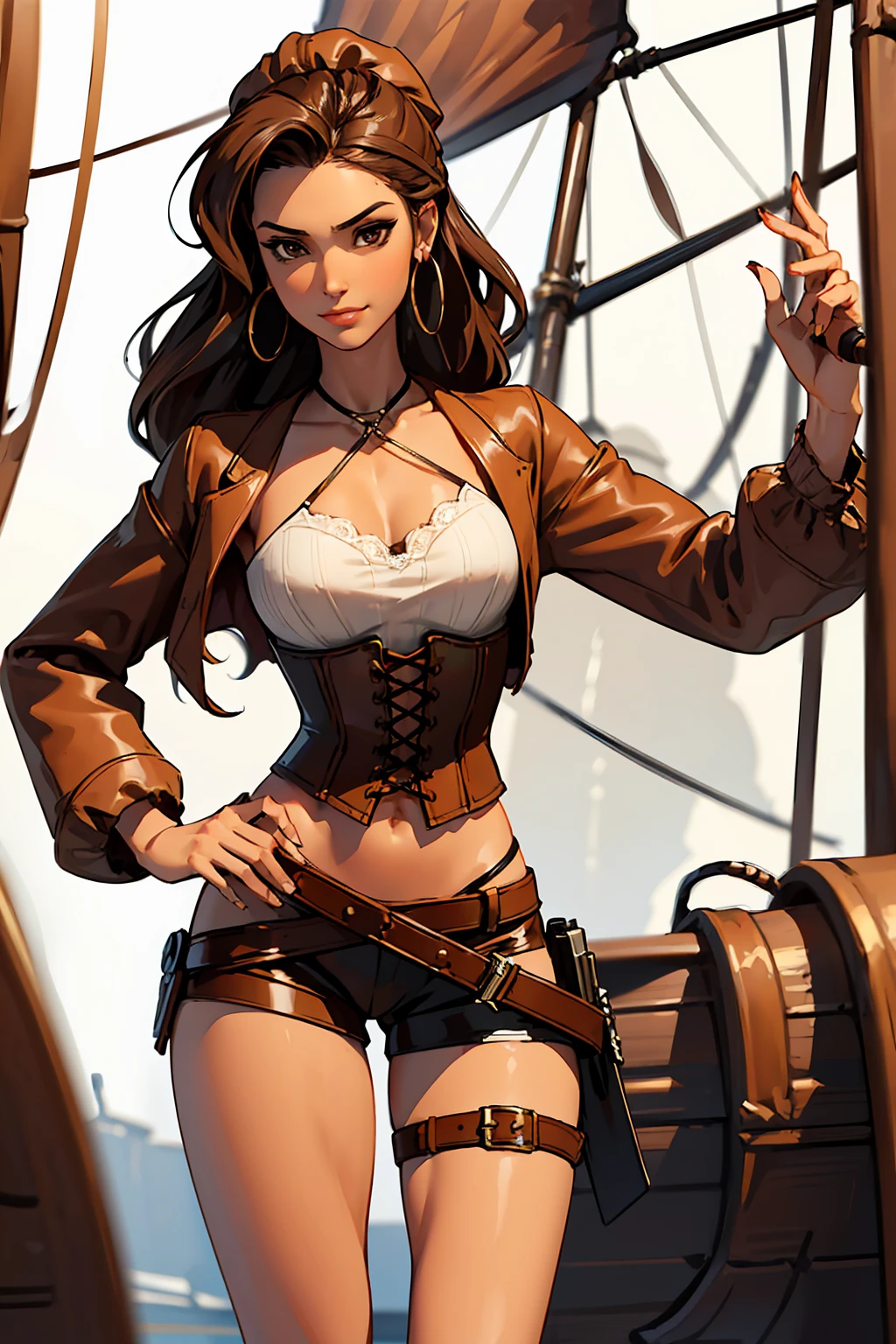 (masterpiece), best quality, expressive eyes, perfect face, (pirate ship background), (standing), (smirk), (closeup view), (1girl,white girl, tanned skin, brown hair, wavy hairstyle, brown eyes, hourglass figure, thin body, skinny body, petite_body, small breasts, thick thighs, long fingernails, brown plaid head wrap, white front lace blouse, long sleeve, loose fit, brown leather corset, brown leather shorts, brown boots, sheathed cutlass sword, flintlock pistol in holster, hoop earrings, miscellaneous jewelry)