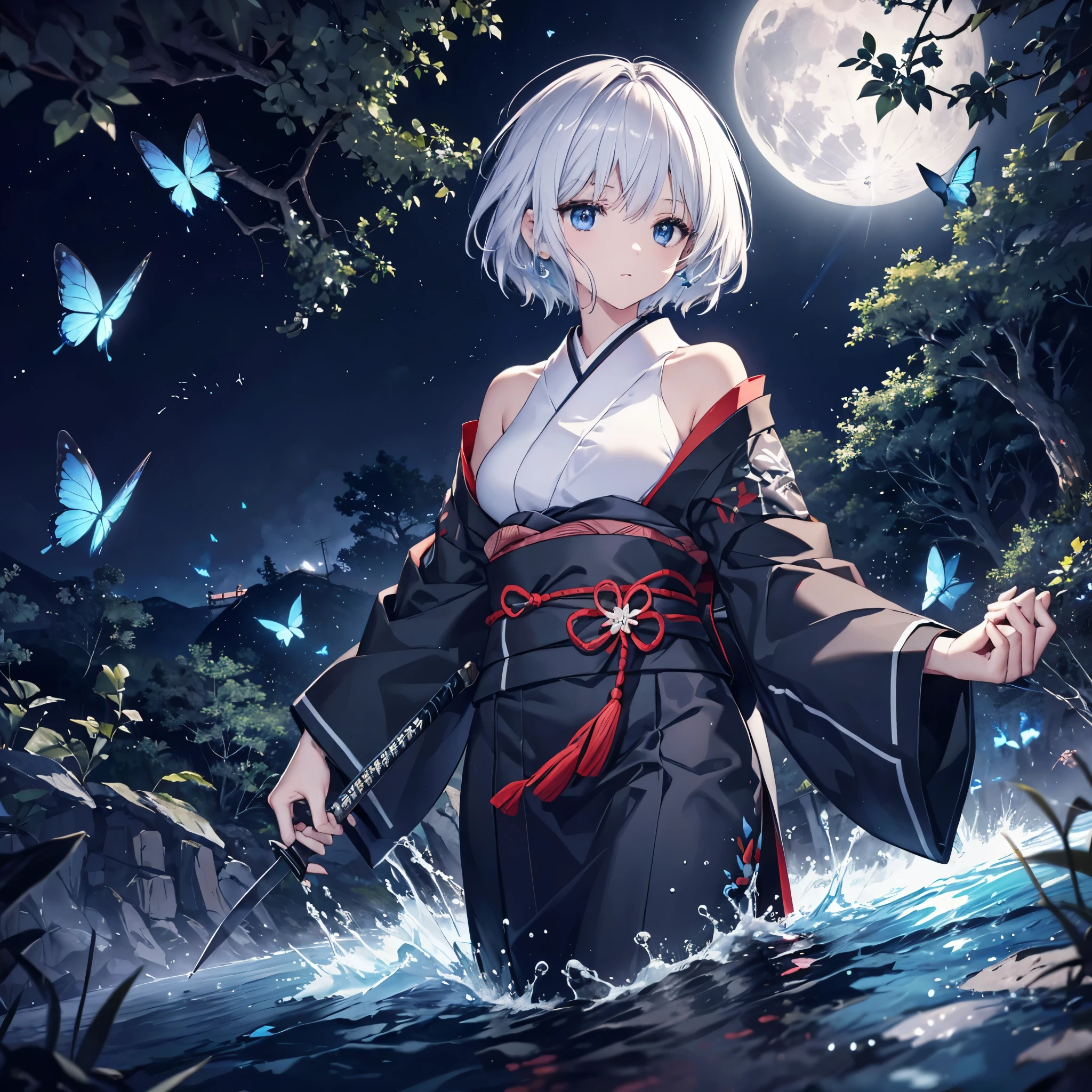 ((High resolution Gray Hair short hair Black kimono Black Band military commander Lonely despair blue eyes)) ((Yellow butterfly night Japanese style shoulder old Shining Aura garden water surface)) (dance Blade of Darkness Holding a sword Slashing) moon star Draw your sword Slashing Catch the wind