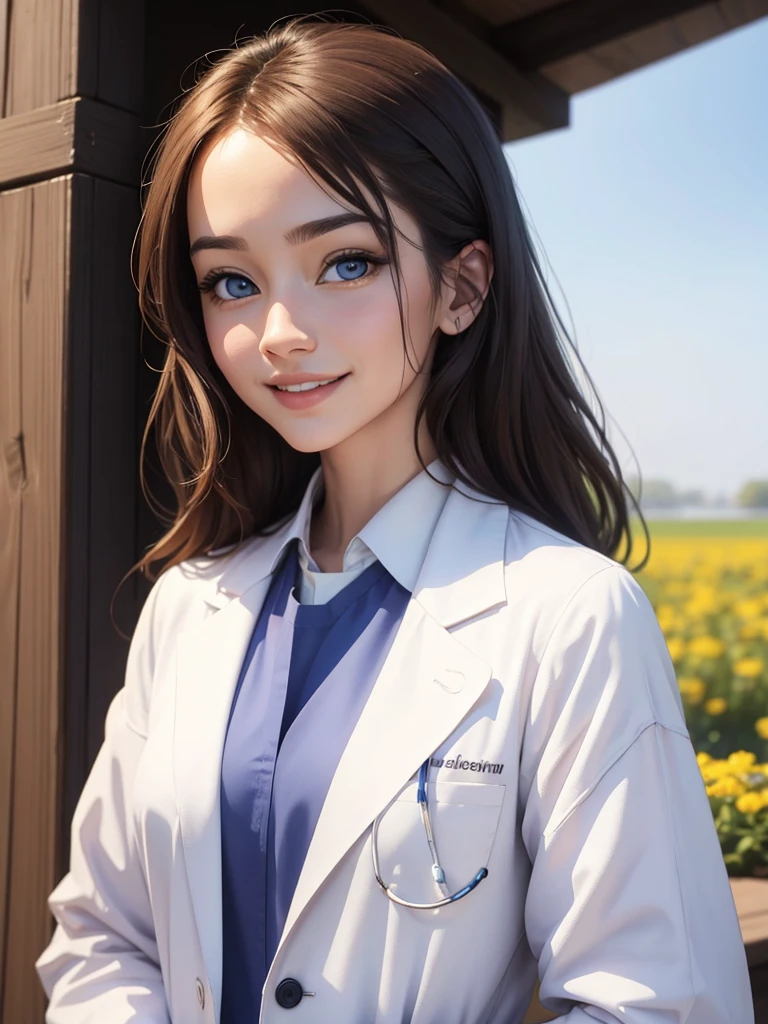 beautiful humanization of medicine, noble young smiling woman in a white medical coat, brown hair, huge light blue eyes full of kindness and happiness, blooming flowers, colors of shadows and light, color scheme, expressive careful detailed drawing, super detailed, delicate natural shades, shine, natural surroundings, beauty, good angle, double exposure, depth, sharpness, captivating haze