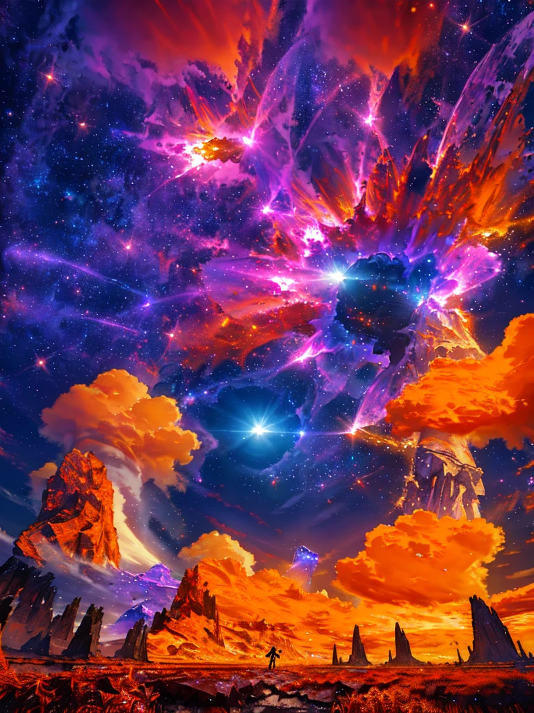 expansive landscape photograph , (a view from below that shows sky above and open field below), a girl standing on flower field looking up, (full moon:1.2), ( shooting stars:0.9), (nebula:1.3), distant mountain, tree BREAK
production art, (warm light source:1.2), (Firefly:1.2), lamp, lot of purple and orange, intricate details, volumetric lighting, realism BREAK
(masterpiece:1.2), (best quality), 4k, ultra-detailed, (dynamic composition:1.4), highly detailed, colorful details,( iridescent colors:1.2), (glowing lighting, atmospheric lighting), dreamy, magical, (solo:1.2)