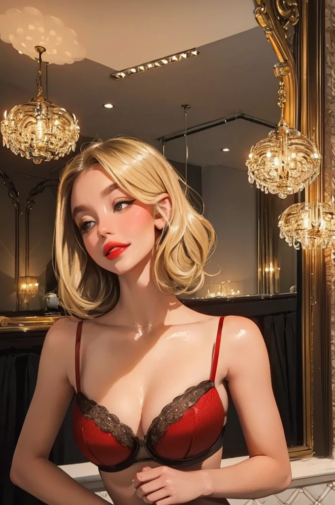 1girl,a beautiful fashion model ,(masterpiece, detailed background, best quality),short and shiny hair, light blomde hair with blonde highlights,smirk,juicy lips,red lips, calmart, lingerie, stripping, elegant makeup