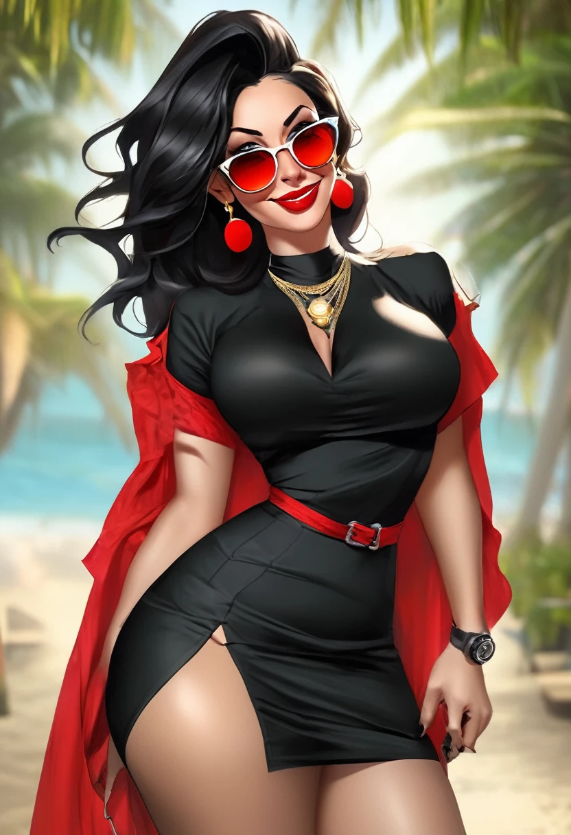 Hot sexy beautiful milf mom holding her breasts , cleavage,saggy shirt, stocking,skirt,slender body, detailed lips rings ,black blunt hair,black eyes,white sun glasses on head, detailed ear, cuff earrings , alluring face, smiling, necklace , red lipstick big ass,