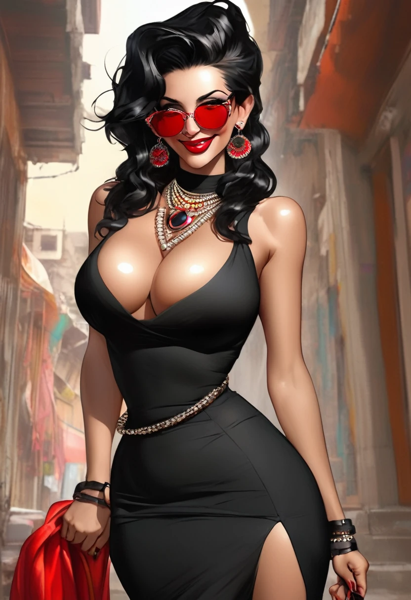 Hot sexy beautiful milf mom holding her breasts , cleavage,saggy shirt, stocking,skirt,slender body, detailed lips rings ,black blunt hair,black eyes,white sun glasses on head, detailed ear, cuff earrings , alluring face, smiling, necklace , red lipstick big ass,