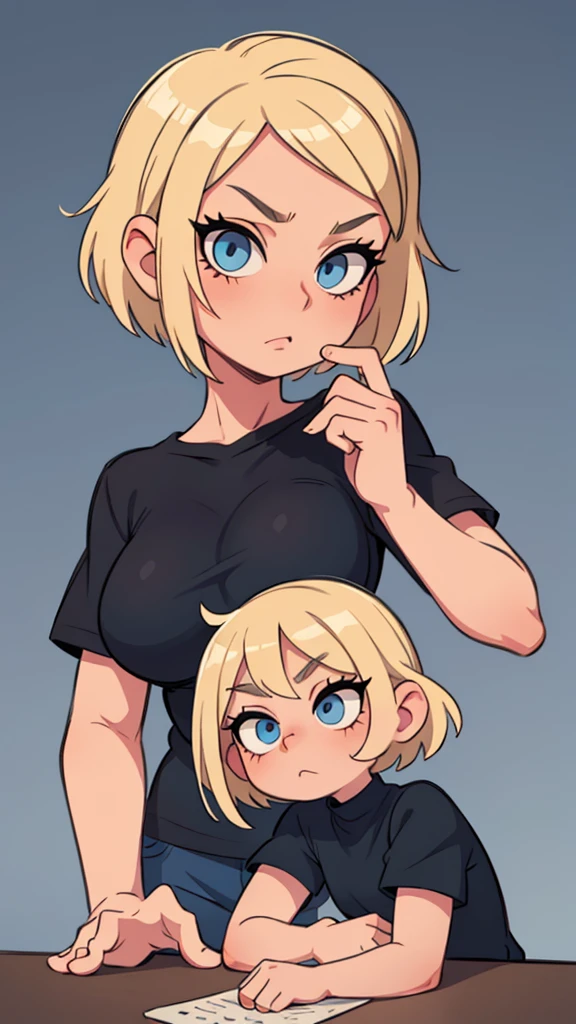 Blonde girl short hair Blue eyes in a black T-shirt Gorgeous eyelashes 