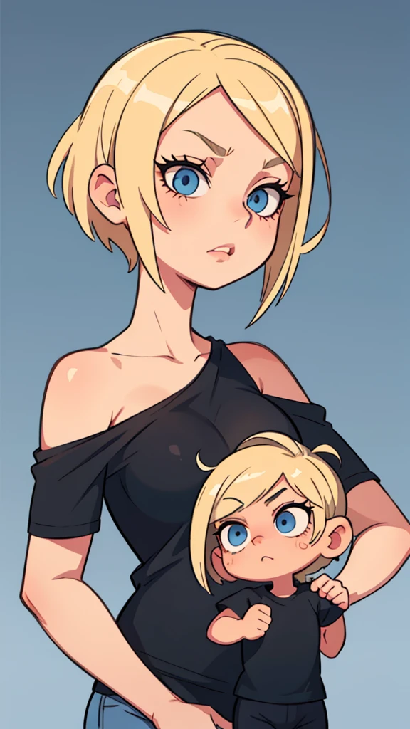 Blonde girl short hair Blue eyes in a black T-shirt Gorgeous eyelashes