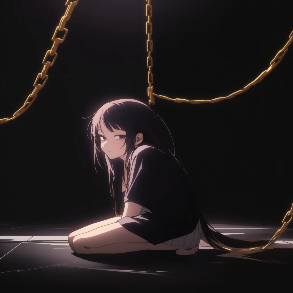 Anime girl sitting on the floor with a chain around her, the anime girl squats, gefesselt in der Leere, 4K-Anime-Hintergrundbild, Anime-Kunst-Tapete 8 k, Anime-Hintergrundbild 4k, Anime-Tapete 4k, knallharter Anime 8k, 4 K Manga-Hintergrundbild, guweiz, Anime-Wallpaper, Anime-Stil 4k, Anime-Kunst-Hintergrundbild 4K