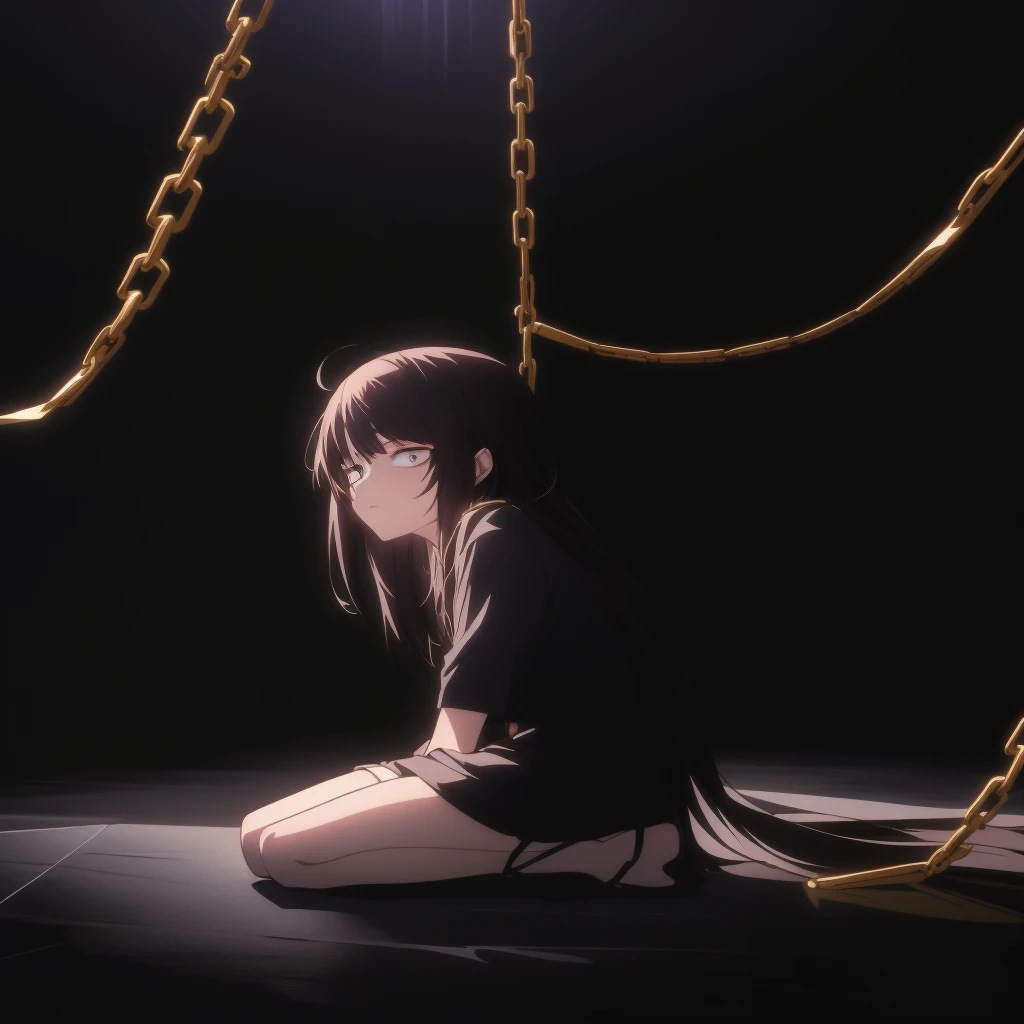 Anime girl sitting on the floor with a chain around her, the anime girl squats, gefesselt in der Leere, 4K-Anime-Hintergrundbild, Anime-Kunst-Tapete 8 k, Anime-Hintergrundbild 4k, Anime-Tapete 4k, knallharter Anime 8k, 4 K Manga-Hintergrundbild, guweiz, Anime-Wallpaper, Anime-Stil 4k, Anime-Kunst-Hintergrundbild 4K