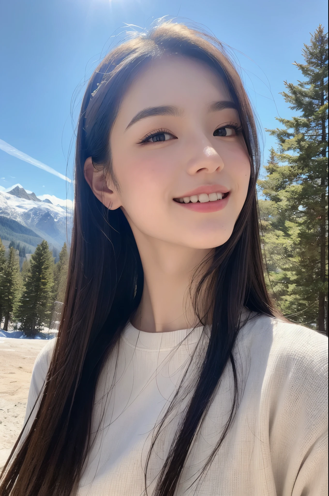 a 22-year-old girl, beautiful detailed eyes, beautiful detailed lips, extremely detailed face, long eyelashes, pale white skin, slim figure, smiling, black hair, fashionable clothing, on a ski mountain, professional high quality photo, HDR, 8K, photorealistic, vivid colors, studio lighting, physically-based rendering, landscape, mountains, snow, sunlight, blue sky, pine trees