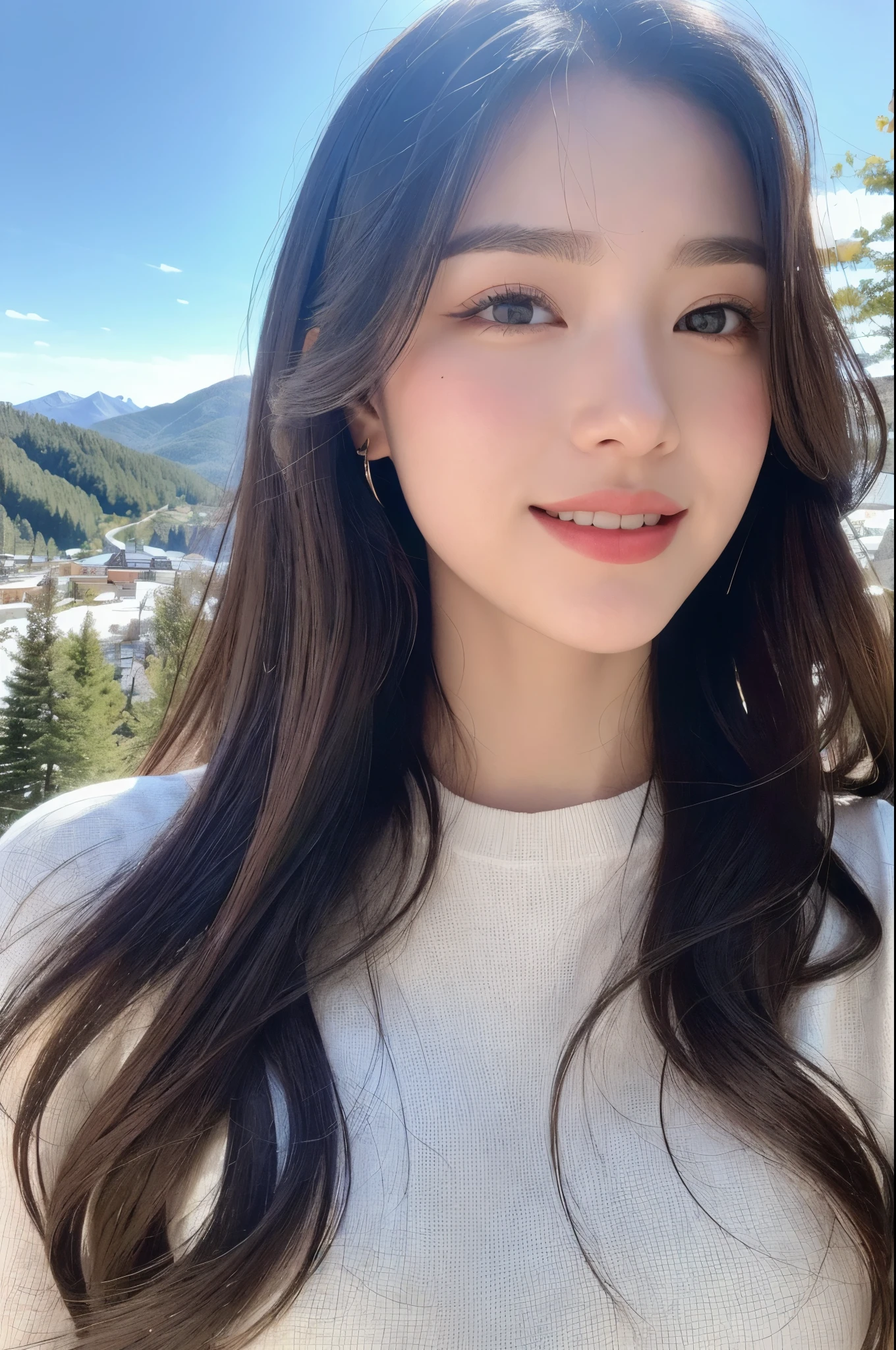a 22-year-old girl, beautiful detailed eyes, beautiful detailed lips, extremely detailed face, long eyelashes, pale white skin, slim figure, smiling, black hair, fashionable clothing, on a ski mountain, professional high quality photo, HDR, 8K, photorealistic, vivid colors, studio lighting, physically-based rendering, landscape, mountains, snow, sunlight, blue sky, pine trees