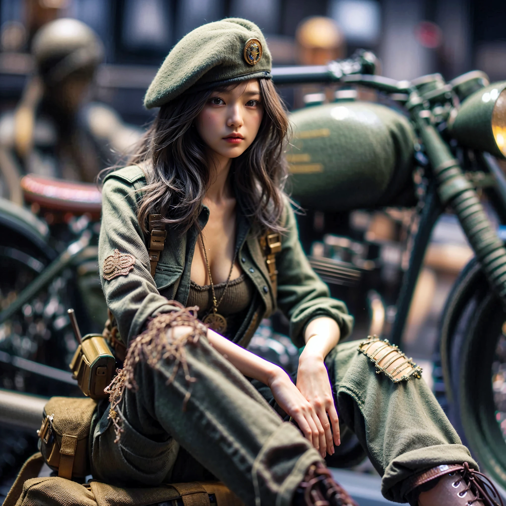 Dystopian night scene, very intricate details, Japanese woman wearing model-like armor, beautiful face, legs, cylinders that look like muscles, pose in motion, 8k, ultra high resolution, super realism, realistic photo, taken with Fuji film X-T30.+Nokton. HDR10