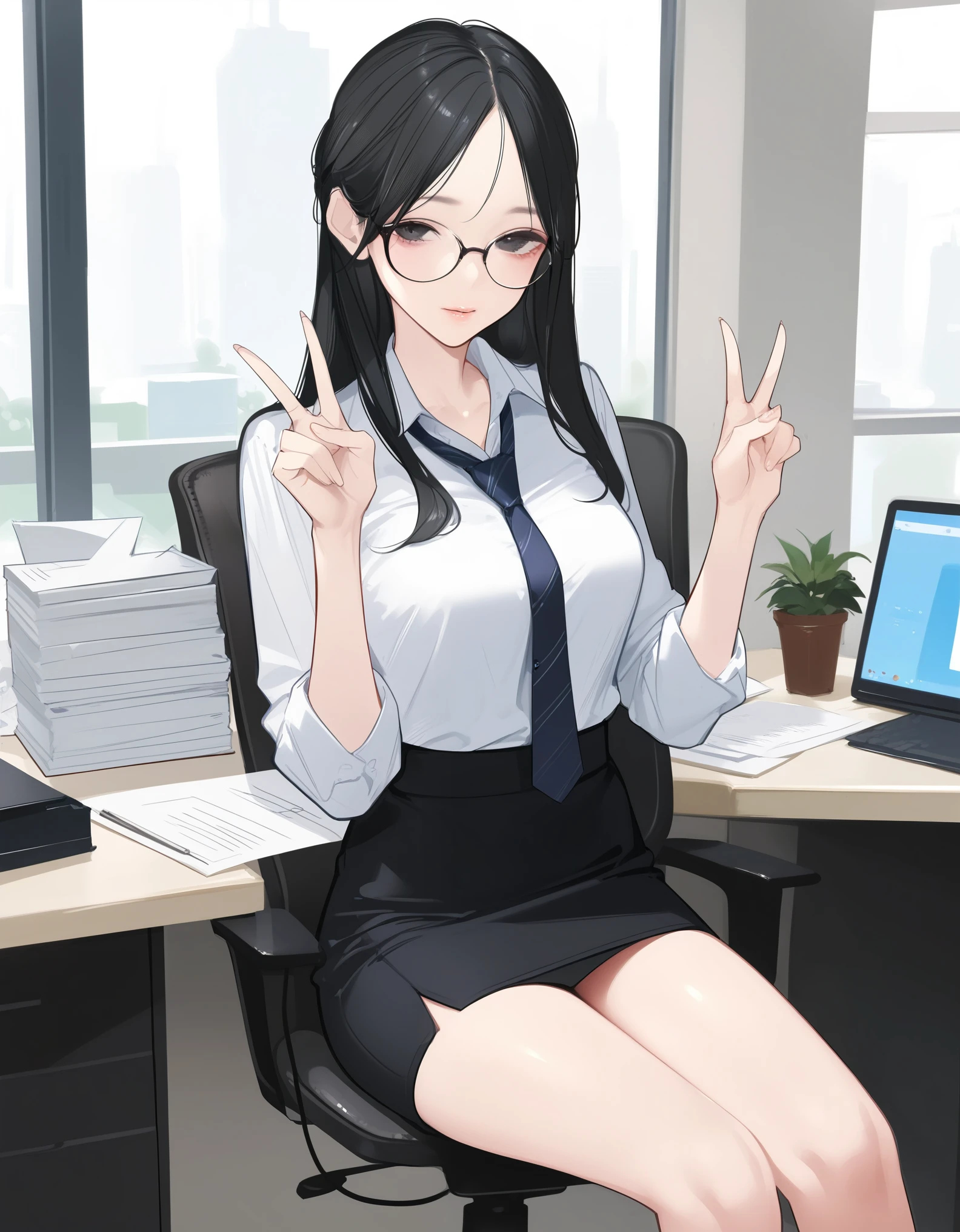 score_9,score_8_up,score_7_up,score_6_up,score_5_up, ,, hd5,ama_mitsuki,1girl,office lady, double v, long hair,black hair,black eyes,glasses,skinny