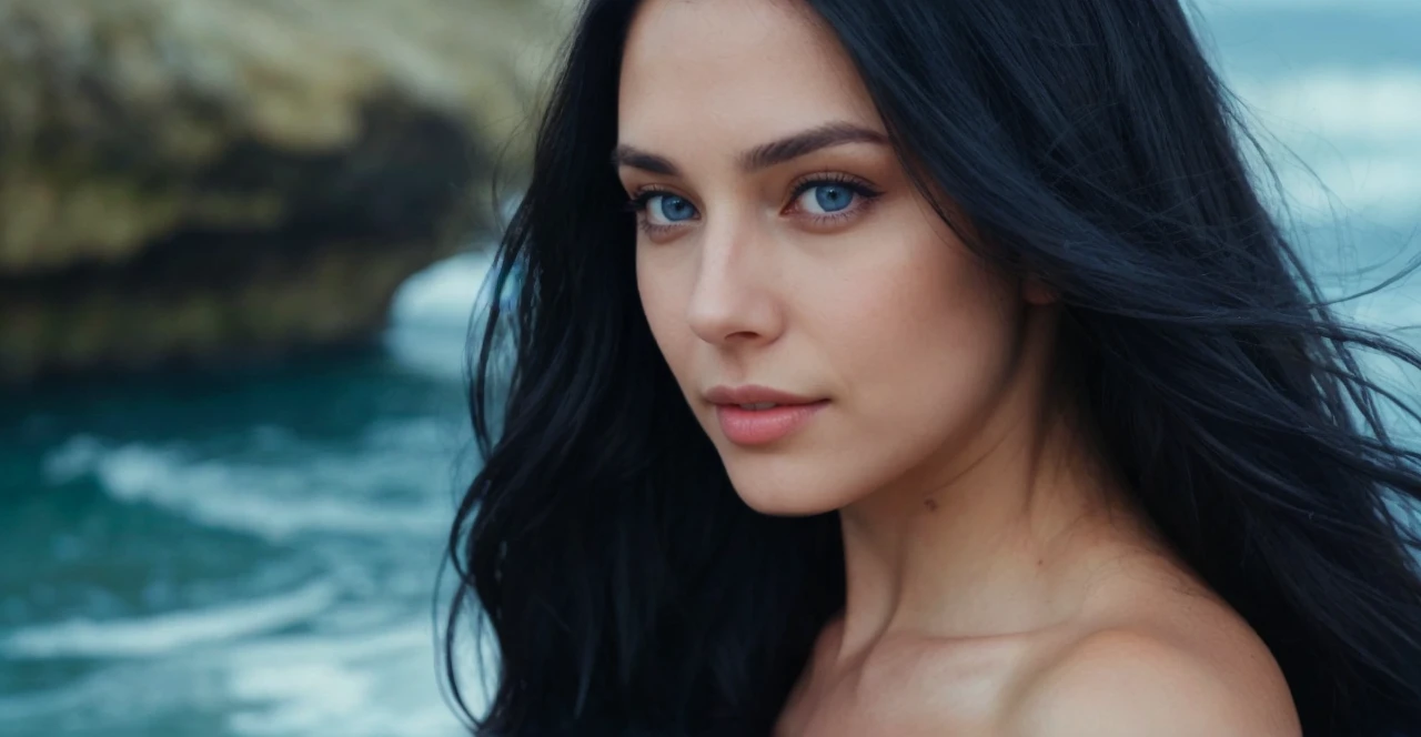 woman with long black hair and grayish blue eyes