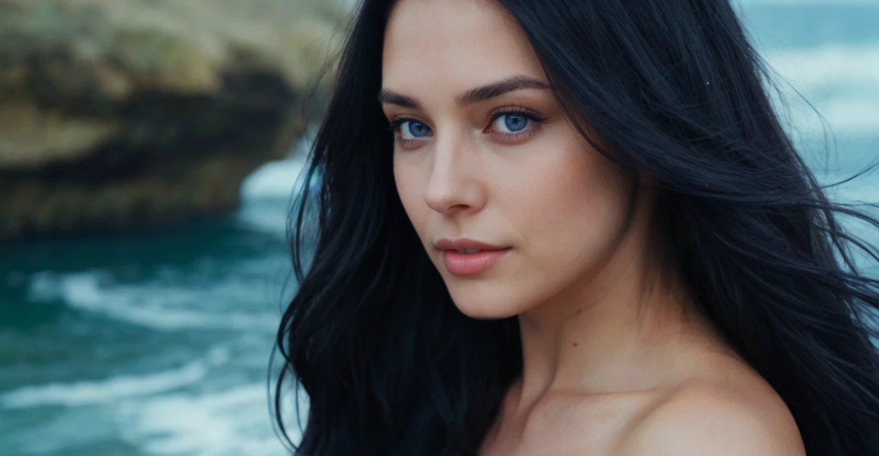 woman with long black hair and grayish blue eyes