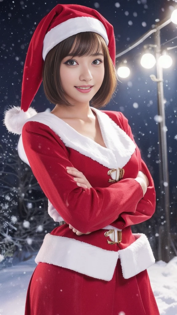 1girl, (santa claus costume slim fit:1.5), symmetry,(beautiful cute ultra young girl:2.0), (slender woman body:1.5), (ultra short hair:1.75), ultra big smile, (Beautiful large round droped detailed eyes:1.25), beautiful detailed lips, (extremely detailed beautiful face, natural makeup, Incredibly beautiful skin:2.0), (best quality,4k,8k,highres,masterpiece:1.75),(ultra-detailed,realistic,photorealistic,photo-realistic:2.0),professional,vivid colors,studio lighting,(snowing night town,christmas eve:1.25)