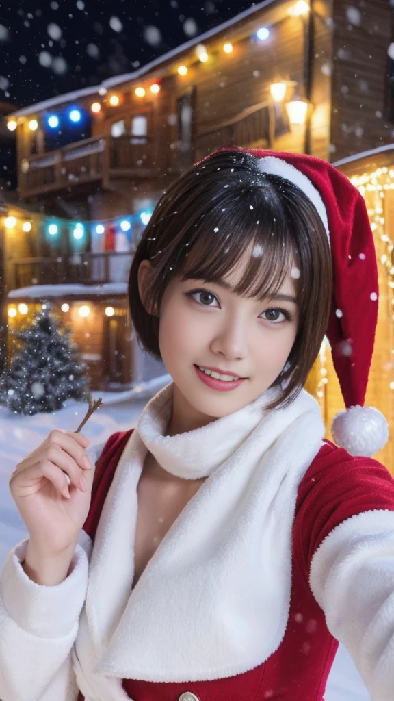 1girl, (santa claus costume slim fit:1.5), symmetry,(beautiful cute ultra young girl:2.0), (slender woman body:1.5), (ultra short hair:1.75), ultra big smile, (Beautiful large round droped detailed eyes:1.25), beautiful detailed lips, (extremely detailed beautiful face, natural makeup, Incredibly beautiful skin:2.0), (best quality,4k,8k,highres,masterpiece:1.75),(ultra-detailed,realistic,photorealistic,photo-realistic:2.0),professional,vivid colors,studio lighting,(snowing night town,christmas eve:1.25)