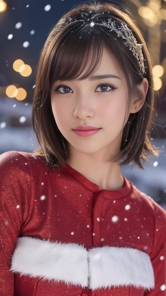 1girl, (santa claus costume slim fit:1.5), symmetry,(beautiful cute ultra young girl:2.0), (slender woman body:1.5), (ultra short hair:1.75), ultra big smile, (Beautiful large round droped detailed eyes:1.25), beautiful detailed lips, (extremely detailed beautiful face, natural makeup, Incredibly beautiful skin:2.0), (best quality,4k,8k,highres,masterpiece:1.75),(ultra-detailed,realistic,photorealistic,photo-realistic:2.0),professional,vivid colors,studio lighting,(snowing night town,christmas eve:1.25)