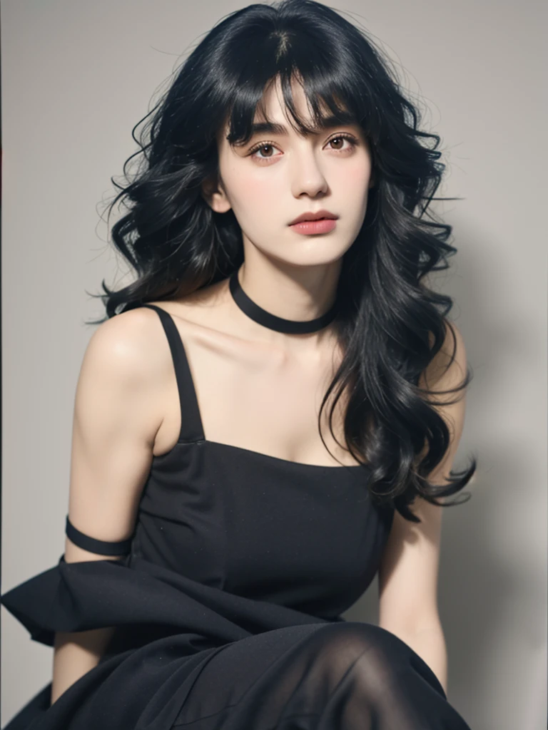 a 20 yo, curly bob hair, wearing black strapless tanktop, show cleavage, dark theme, soothing tones, muted colors, high contrast, natural skin texture, hyperrealism, soft light, sharp, retro poster as background, Dark Blue. Show big thigh, plump body. Sitting on the bed. Closing mouth. Wearing black stocking, garter, Black choker. (the background is a bit gray). Polaroid
