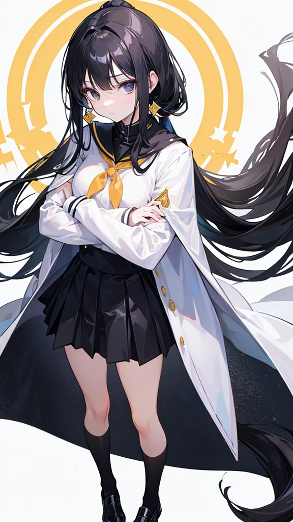 solo,Girl,Lady standing posture,White cape,Black eyes,Very long black hair,Black leather shoes,Low ponytail hairstyle,Golden school uniform,Cross your arms,White background,Poker face