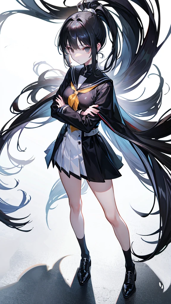solo,Girl,Lady standing posture,White cape,Black eyes,Very long black hair,Black leather shoes,Low ponytail hairstyle,Golden school uniform,Cross your arms,White background,Poker face