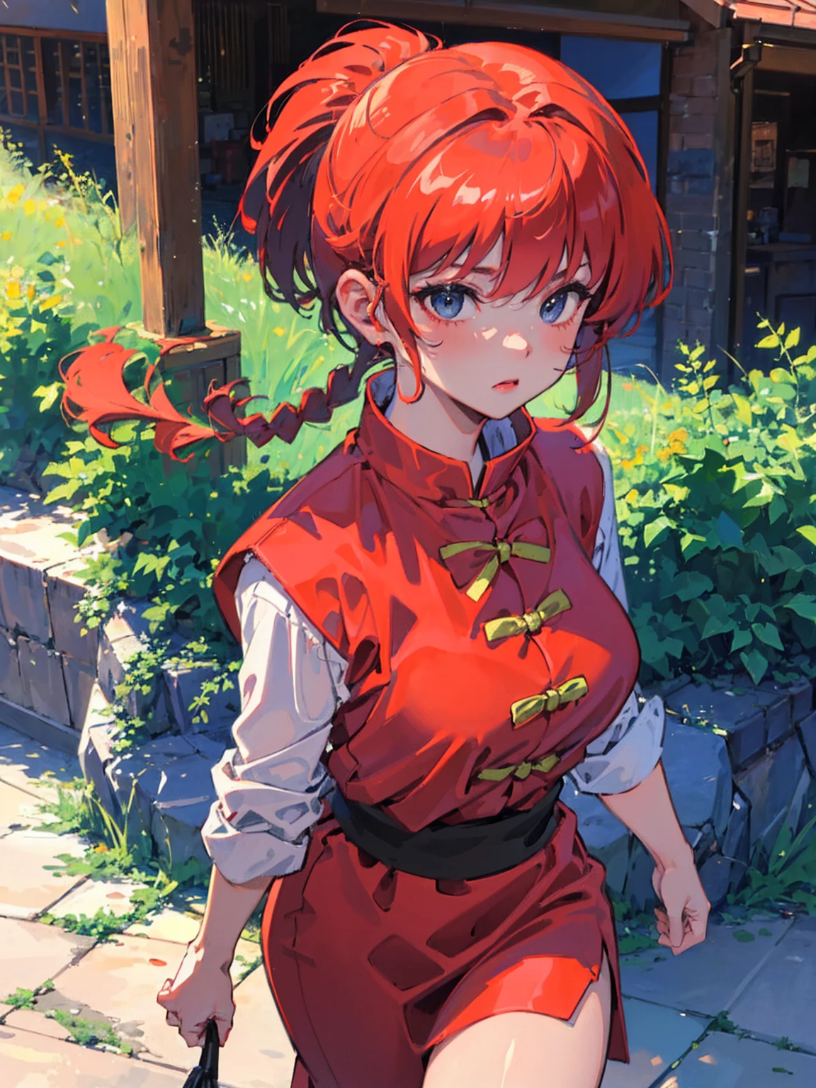 ((masterpiece:1.4)), expensive quality, very_expensive_solve, big_file size, Full Color, Thick outline, Clear contours, colorful, (Beautiful fine details, Are thin:1.4), ((Beautiful Face:1.0)), ((Boyish face:1.4)), 1 girl, (Ranma), (Redhead), short hair, (Braided Ponytail), ((bangs)), bumpy bangs, Blue-gray eyes, Big Breasts, Curvy, Ranma, Braided Ponytail, (Red Chinese Clothing), No sleeve, Tangzhuang, Black trousers, Are standing, ((, Are thin:1.4)), ((from the front:1.4)), Are thin:1.4
