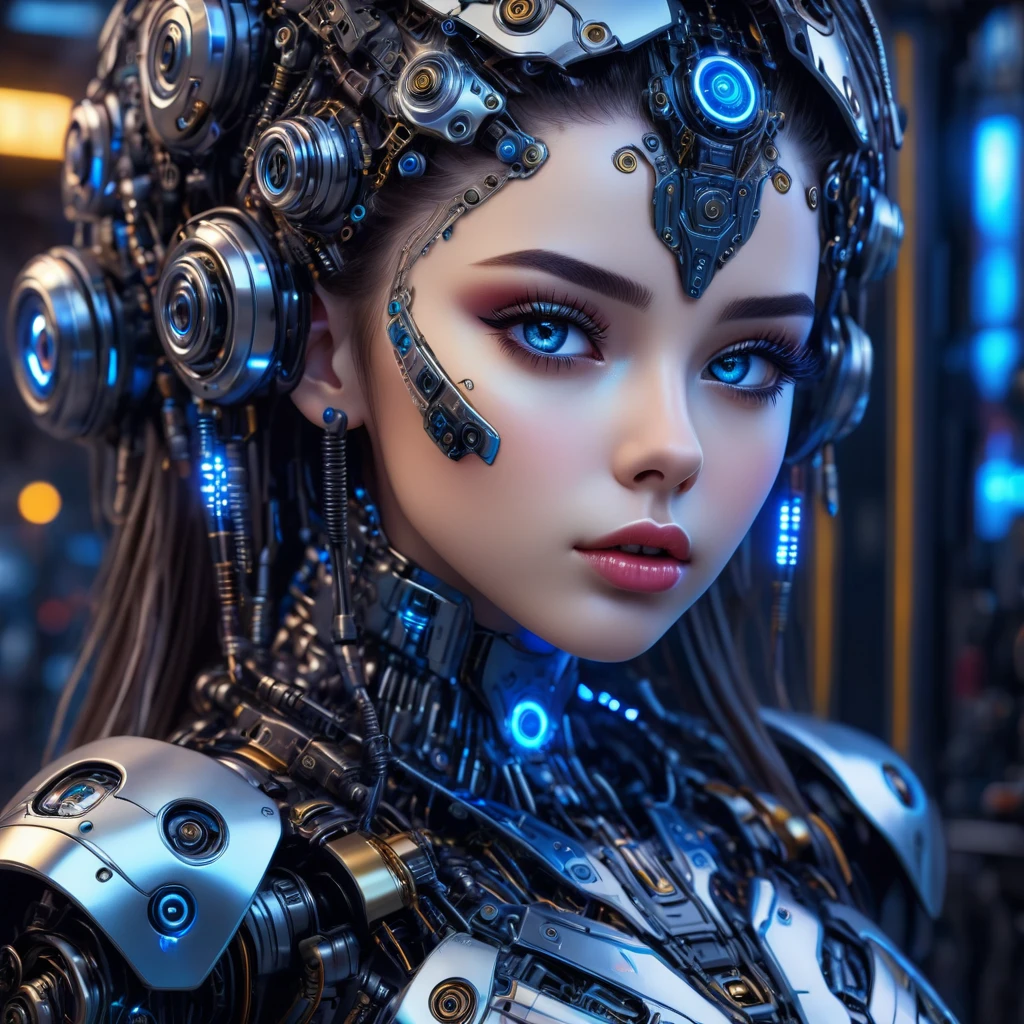 a highly detailed and realistic 1girl, beautiful detailed eyes, beautiful detailed lips, extremely detailed eyes and face, long eyelashes, robotic android girl, hyper realistic, intricate machinery, gears, circuits, complex technology, glossy metallic skin, glowing blue LED lights, futuristic cyberpunk style, dramatic lighting, moody atmosphere, photorealistic, 8k, hyper detailed, masterpiece