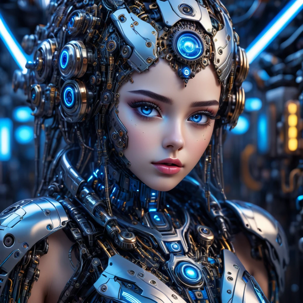 a highly detailed and realistic 1girl, beautiful detailed eyes, beautiful detailed lips, extremely detailed eyes and face, long eyelashes, robotic android girl, hyper realistic, intricate machinery, gears, circuits, complex technology, glossy metallic skin, glowing blue LED lights, futuristic cyberpunk style, dramatic lighting, moody atmosphere, photorealistic, 8k, hyper detailed, masterpiece