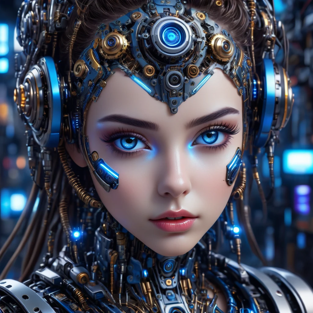 a highly detailed and realistic 1girl, beautiful detailed eyes, beautiful detailed lips, extremely detailed eyes and face, long eyelashes, robotic android girl, hyper realistic, intricate machinery, gears, circuits, complex technology, glossy metallic skin, glowing blue LED lights, futuristic cyberpunk style, dramatic lighting, moody atmosphere, photorealistic, 8k, hyper detailed, masterpiece