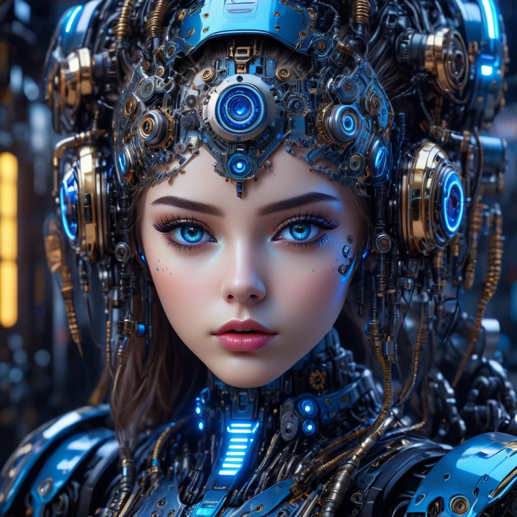 a highly detailed and realistic 1girl, beautiful detailed eyes, beautiful detailed lips, extremely detailed eyes and face, long eyelashes, robotic android girl, hyper realistic, intricate machinery, gears, circuits, complex technology, glossy metallic skin, glowing blue LED lights, futuristic cyberpunk style, dramatic lighting, moody atmosphere, photorealistic, 8k, hyper detailed, masterpiece