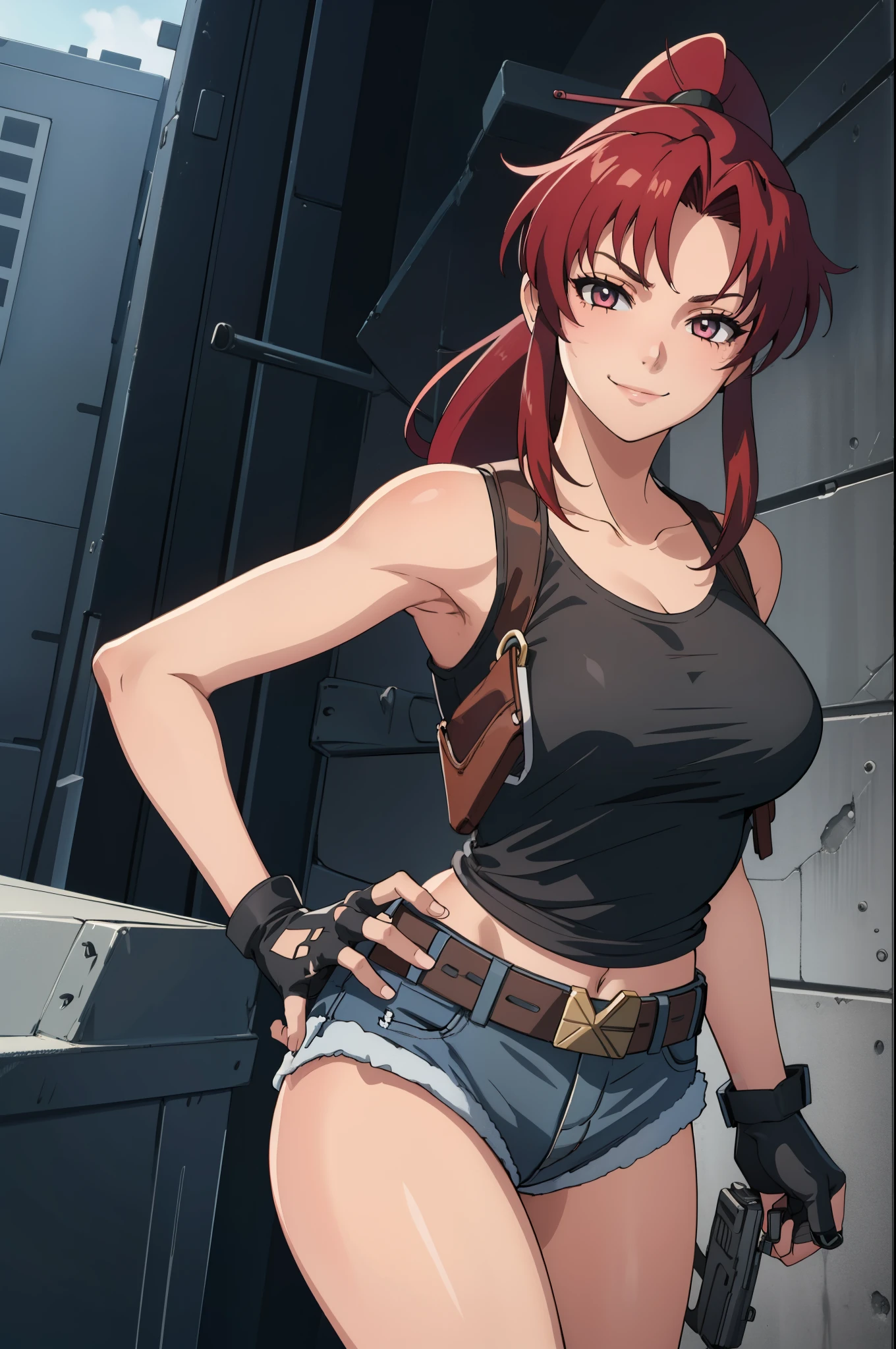 1girl, cute, sexy, red hair, cowboy shot, solo, revy, evil smile, holding gun, handgun, pistol, ponytail, tank top, fingerless gloves, denim shorts, holster, belt, newest