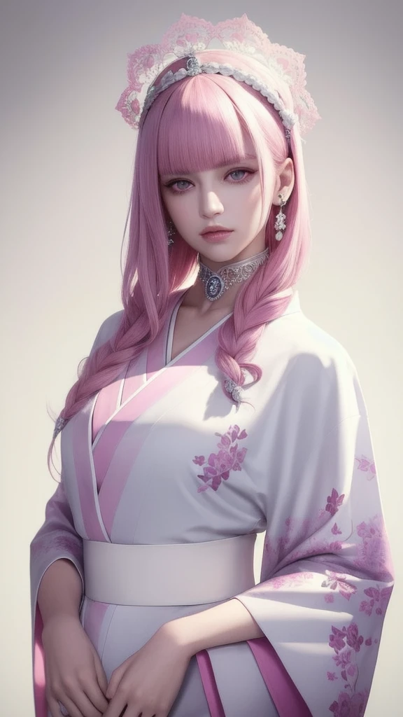 (masterpiece, top quality, one female, solo, intricate details, chromatic aberration), (realistic), (skin), ((breath)), (pink hair, blunt bangs), detailed hair, red headdress, blue highlights, hair over one eye, purple eyes, earrings, piercing eyes, choker, ((pink and white kimono)), ((symmetrical eyes)), ((perfect symmetrical body)), (pureerosface_v1:0.3), night, (((natural light))), backlit, grey wall, dim lighting, looking towards viewer, ((center shot, from the front, (face and waist))),