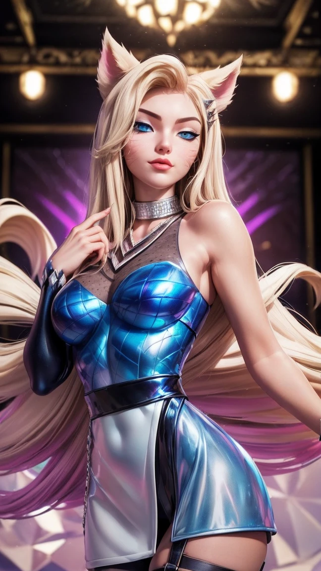 ((best quality)), ((Meisterwerk)), ((K/DA All out ahri), (League of legends), ((stehend)), erotischer Pose, (blue eyes), ((upper body)), Unreal Engine, realistisch, pretty, sexy, young girl, ((blonde Hair)), Halsband, big boobs, professionelles Make-up, Cool, sonniger Tag, Tyndall-Effekt, Guter Ray, music stage in the background, draussen, hell, subtle smile,