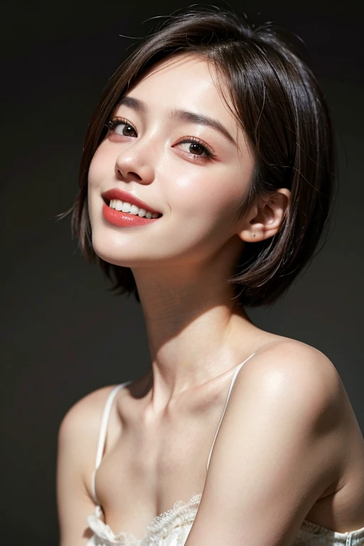 highest quality, masterpiece, ultra high resolution, (realistic:1.4), (portrait facing each other) Raw photo, 1 girl, 26 years old,((sister)),((short hair)),((looking up at the viewer)),realistic,((Simple solid color background)), picture media chest)),((toothy smile)),