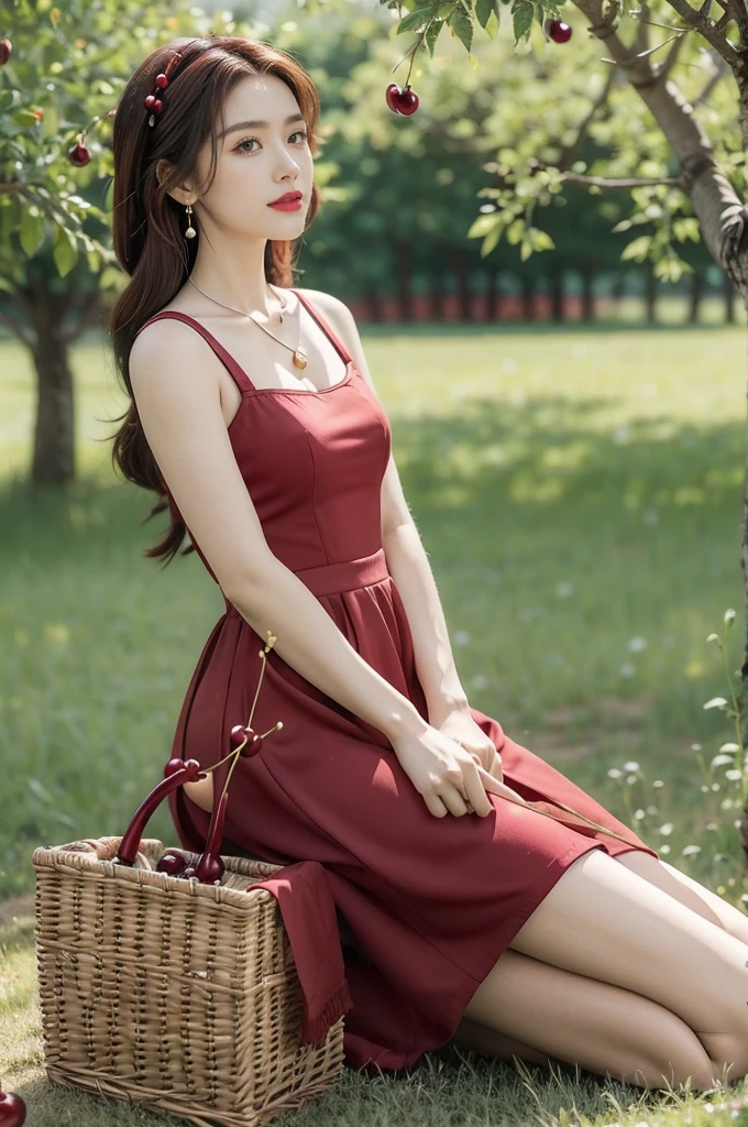 (((best quality))),(((ultra detailed))),(((masterpiece))),illustration,1 beautiful girl,solo,earrings,necklace,medium straight hair,slim,flat chest,red dress,summer,(cherry orchard full of red cherries:1.3),sunlight,dappled light,fair skin,smile,(ripest cherries on the trees:1.3),red lips,peaceful,summer breeze,hair fluttering,setting sun,radiant hue,beauty grace,basket,full body,pantyhose,arms behind back