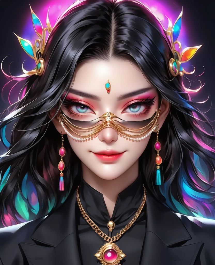 (Digital Illustration,Detailed anime style,Heavy Metal Cyberpunk,Pearl tassel eye mask,Girl wearing eye mask,Queen aura,out a hand,Solitary,symmetry),(Big colorful eyes,Fashionable and exquisite facial features,Exquisite makeup,Smooth skin,Smile,Soulful gaze,),(Hair Bunch),(Black suit,Epaulettes-Chain,cool,),(((Correct human anatomy))),Radioactive geometric dynamic light wave background