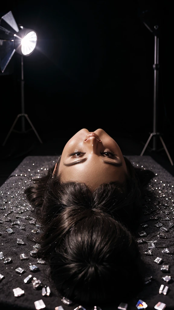 dead women in coffin ,made of diamonds, studio light, dark background, photography 