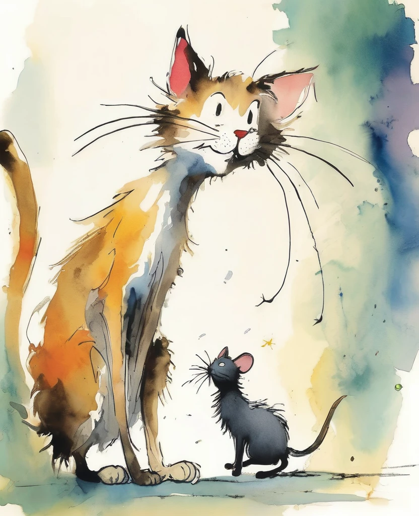 Quentin Blake style photo 、Cat with long whiskers，Mouse is mischievous， High resolution、Highest quality、masterpiece、Very detailed