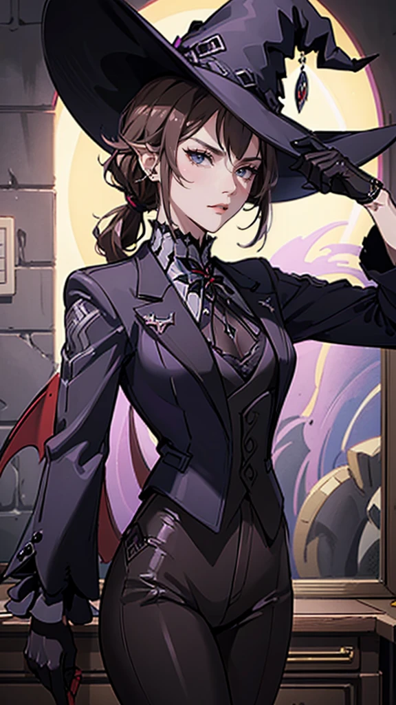 Older woman playing music, volumetric lighting, best shadows, long wavy brown hair, detailed brown eyes, long nose, angry, serious face, black lips, black makeup, small breast, (highest quality, amazing details:1.3), (solo:1.3), solo, masterpiece, colorful, (extremely detailed 8k CG) (Wearing:witch hat, vampire-like suit, black leather pants, black gloves, purple electric guitar) (Background:room)