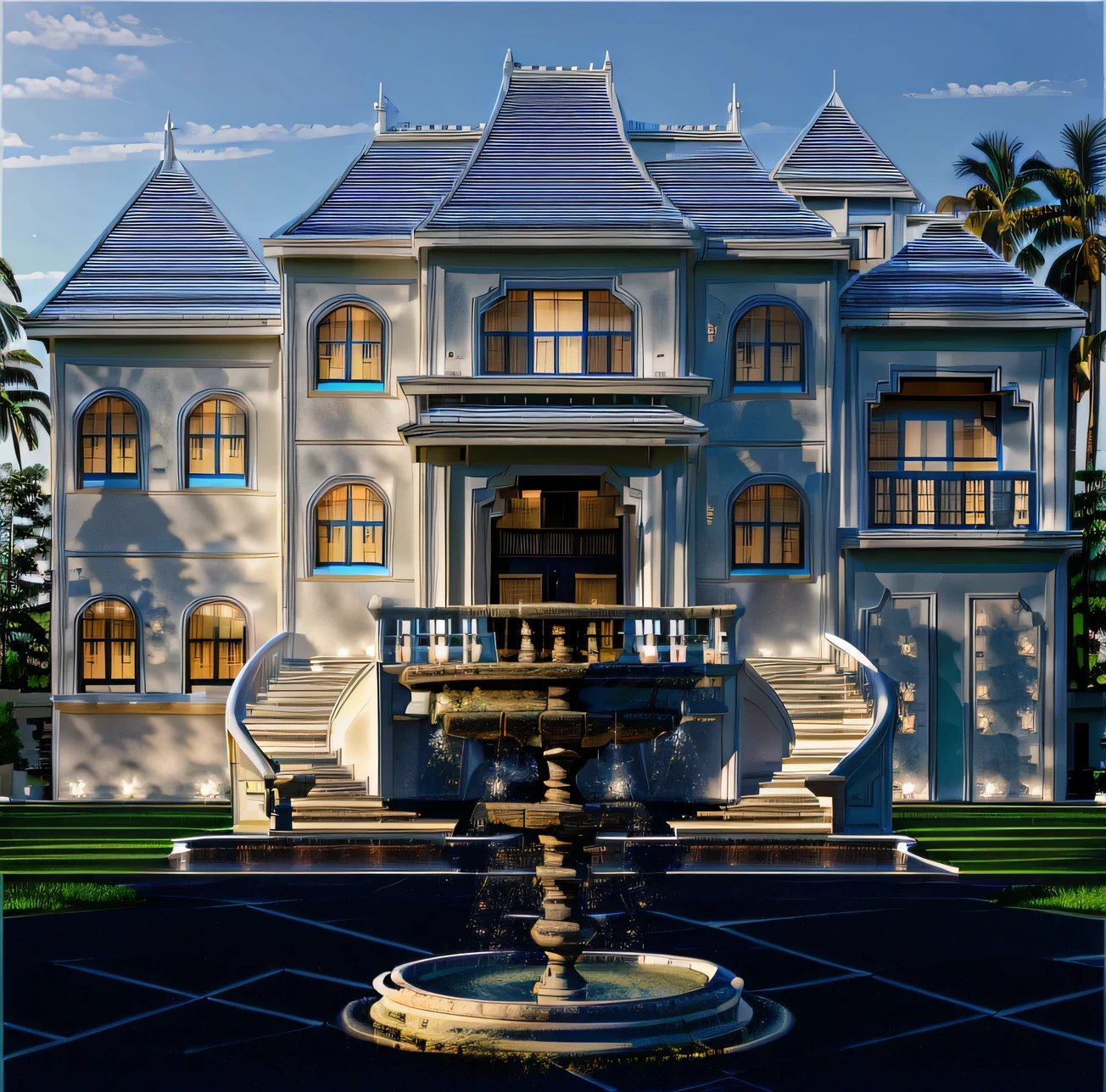 white villa, blue tile, fountain, grass, daylight, blue sky, High quality photos