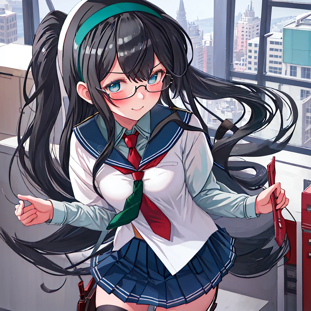 best quality, masterpiece, highres, solo, {ooyodo_kantaicollection:1.15}, black_hair, long_hair, glasses, hairband, semi-rimless_eyewear, under-rim_eyewear, blue_eyes, green_eyes, blush,small_breasts, 1girl, school_uniform, serafuku, pleats_skirt, looking_at_viewer, necktie, harbor_school_background, red_necktie,angry,smile,Proudly,thigh-highs,dynamic_posing