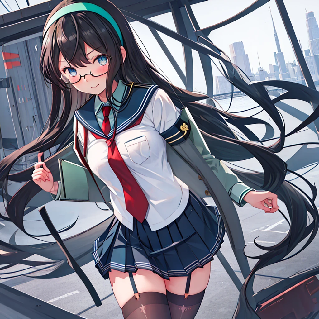 best quality, masterpiece, highres, solo, {ooyodo_kantaicollection:1.15}, black_hair, long_hair, glasses, hairband, semi-rimless_eyewear, under-rim_eyewear, blue_eyes, green_eyes, blush,small_breasts, 1girl, school_uniform, serafuku, pleats_skirt, looking_at_viewer, necktie, harbor_school_background, red_necktie,angry,smile,Proudly,thigh-highs,dynamic_posing