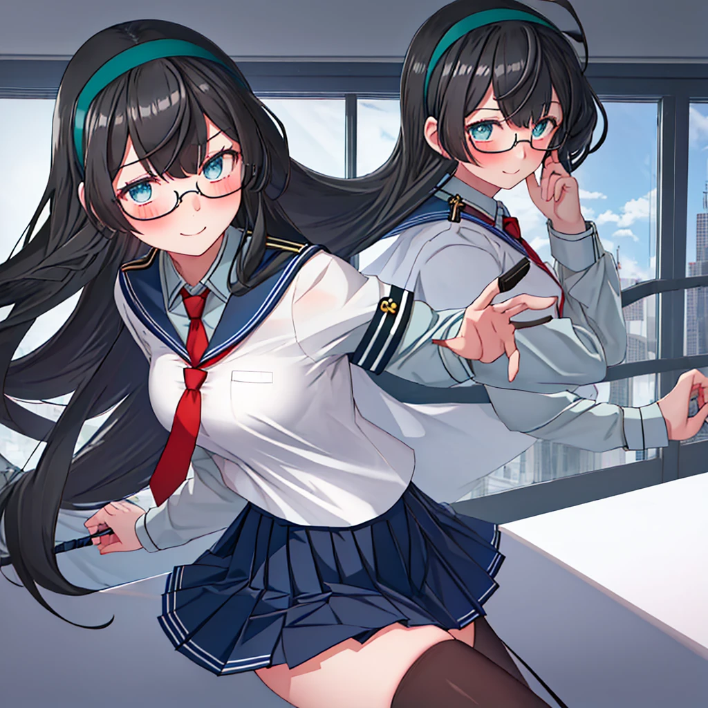 best quality, masterpiece, highres, solo, {ooyodo_kantaicollection:1.15}, black_hair, long_hair, glasses, hairband, semi-rimless_eyewear, under-rim_eyewear, blue_eyes, green_eyes, blush,small_breasts, 1girl, school_uniform, serafuku, pleats_skirt, looking_at_viewer, necktie, harbor_school_background, red_necktie,angry,smile,Proudly,thigh-highs,dynamic_posing