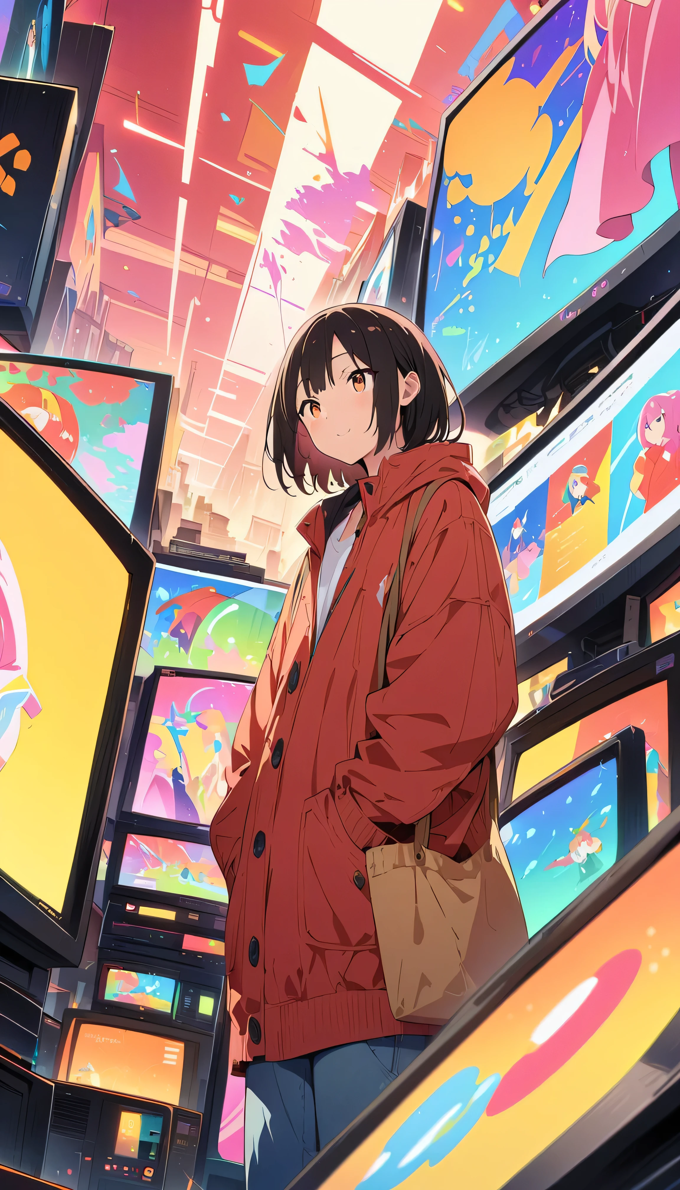 anime style, Ultra-fine illustrations, highly detailed, Dynamic Angle, beautiful detailed, 8k, In front of many CRT TVs, break various programs are being broadcasted. A woman stares at them, break smiling amidst the colorful scenes.(Highest quality、masterpiece、High resolution、detailed)anime style、Flat Style、(Shining Eyes、Beautiful Face),  break,Dynamic Angle、anime