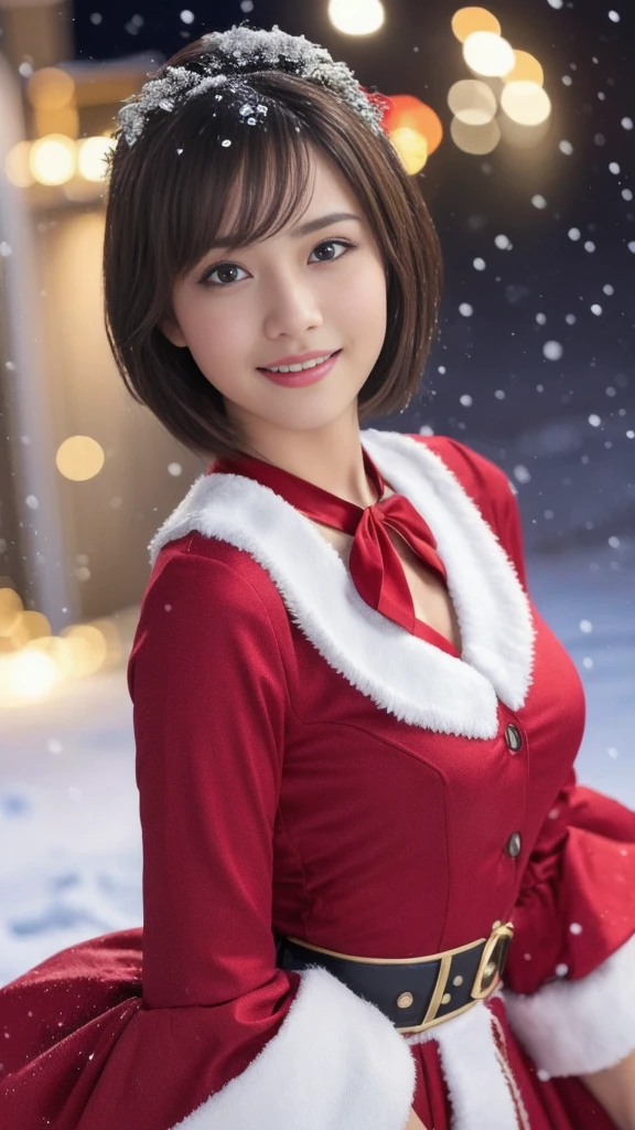 1girl, (santa claus costume slim fit:1.5), symmetry,(beautiful cute ultra young girl:2.0), (slender woman body:1.5), (ultra short hair:1.75), ultra big smile, (Beautiful large round droped detailed eyes:1.25), beautiful detailed lips, (extremely detailed beautiful face, natural makeup, Incredibly beautiful skin:2.0), (best quality,4k,8k,highres,masterpiece:1.75),(ultra-detailed,realistic,photorealistic,photo-realistic:2.0),professional,vivid colors,studio lighting,(snowing night town,christmas eve:1.25)