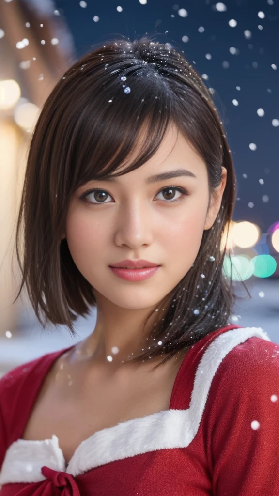 1girl, (santa claus costume slim fit:1.5), symmetry,(beautiful cute ultra young girl:2.0), (slender woman body:1.5), (ultra short hair:1.75), ultra big smile, (Beautiful large round droped detailed eyes:1.25), beautiful detailed lips, (extremely detailed beautiful face, natural makeup, Incredibly beautiful skin:2.0), (best quality,4k,8k,highres,masterpiece:1.75),(ultra-detailed,realistic,photorealistic,photo-realistic:2.0),professional,vivid colors,studio lighting,(snowing night town,christmas eve:1.25)