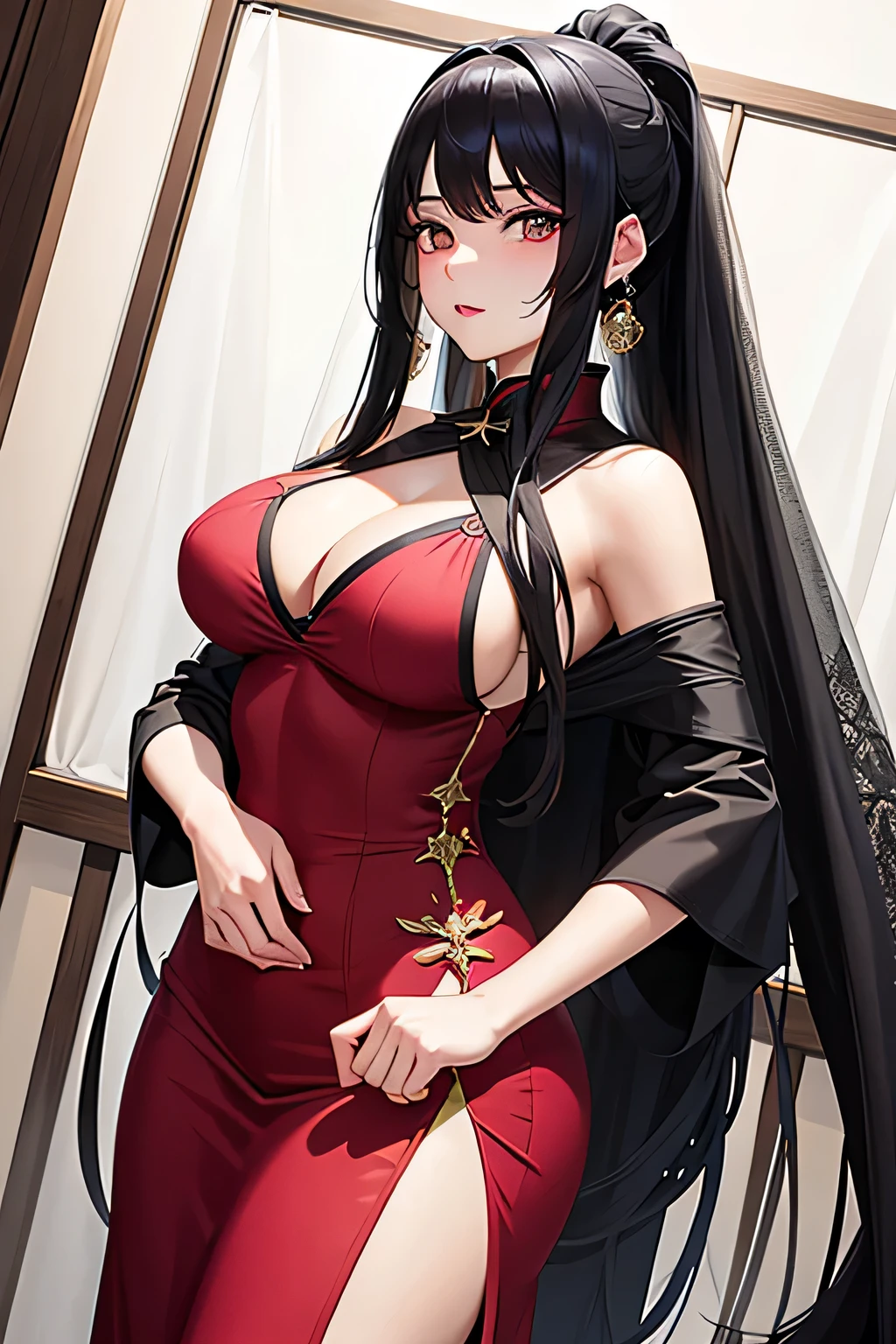 (masterpiece, best quality)
A 20-year-old chubby girl is depicted in a captivating 8k anime artwork, showcasing her in a seductive pose. Her face is accentuated with strong pink makeup, giving a striking contrast against her black and red long, closed qipao. The girl's eyes are dark golden and beautifully detailed, radiating an air of mystery and allure.

Her long black hair cascades into a very long ponytail, with a light and transparent veil filling with charm and seduction gracefully draped over her shoulder. The veil adds an additional layer of enigma, enhancing the overall sensual appeal of the