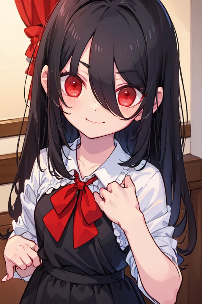 A , long straight black hair, long bangs, crimson red eyes, small, cute, short, background in a room, sweet smile and innocent