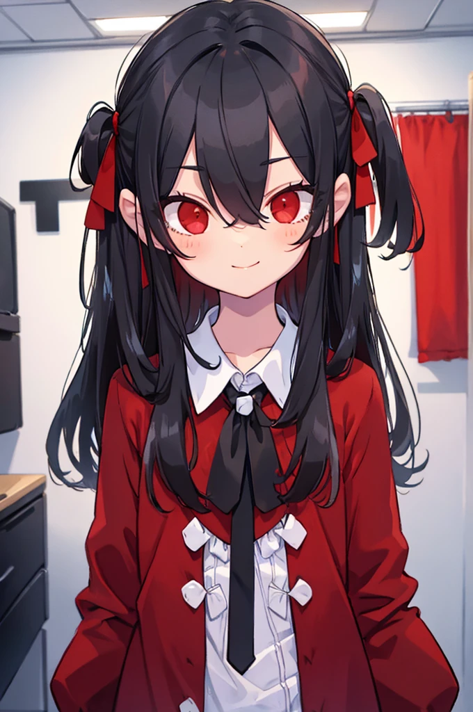 A kid, long straight black hair, long bangs, crimson red eyes, small, cute, short, background in a room, sweet smile and innocent